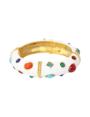 White Enamel/Multi Gemstone Bangle Bracelet solde