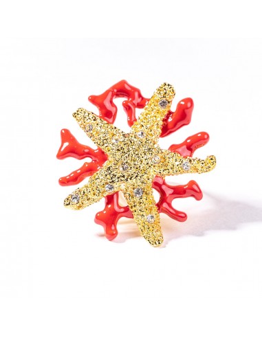 Starfish and Dark Coral Enamel Branch Ring 2023