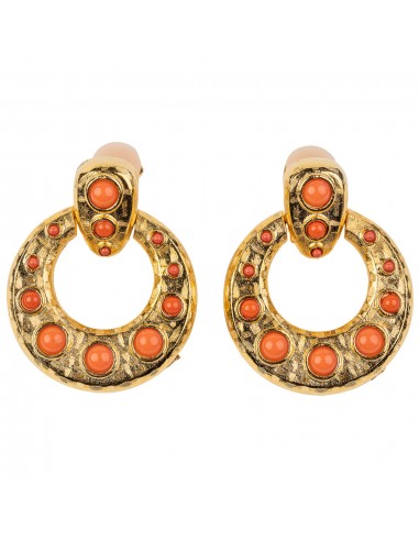 Gold Doorknocker Earring with Coral Cabochons Jusqu'à 80% De Réduction