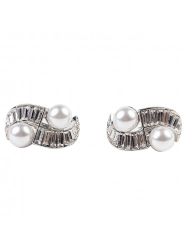 Silver and Crystal Pearl Baquette Stone Clip Earring de France