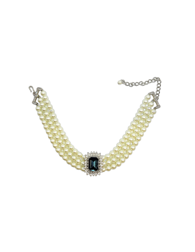 3 Row Pearl Choker With Sapphire and Crystal Center france