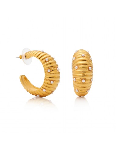 Gold and Pearl Dot Ribbed Pierced Hoop Earring 2024