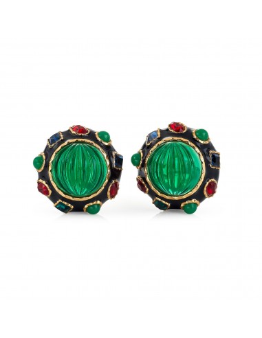 Black Gemstone & Emerald Button Earrings en stock