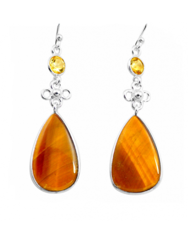 Boucles d'oreilles “Chaleur Solaire” en Oeil de Tigre, Citrine et Argent 925 le des métaux précieux