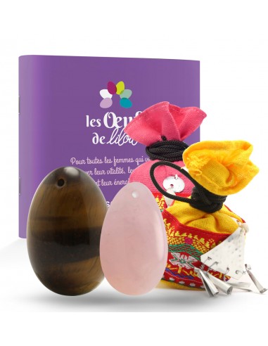 Kit complet PACK 2 Oeufs de yoni GRANDE OEIL DE TIGRE ET MOYENNE QUARTZ ROSE Economisez 